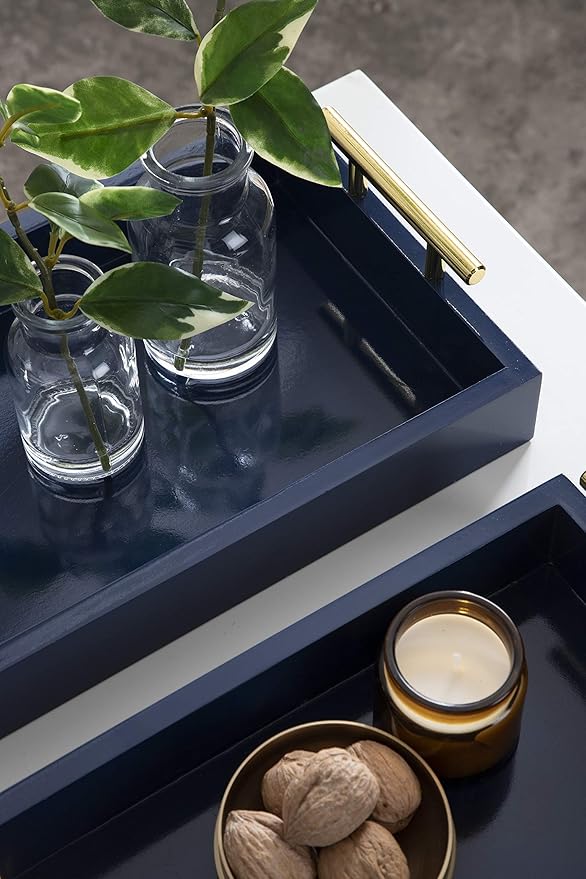 Kate and Laurel Lipton Modern Tray Set, Set of 2, Navy Blue and Gold, Glam Decorative Trays for Storage and Display