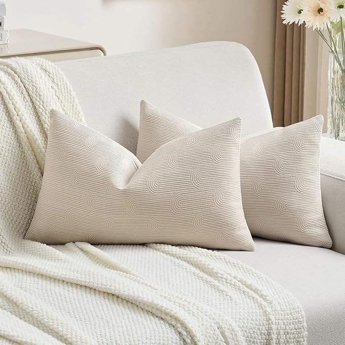 FUTEI Beige Chenille Decorative Throw Pillow Covers 12x20 Inch Set of 2,Soft Cozy Striped Geometric Patterns Lumbar Pillow Cases,Modern Home Decor for Couch Bed Living Room