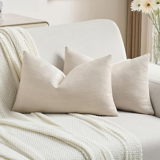 FUTEI Beige Chenille Decorative Throw Pillow Covers 12x20 Inch Set of 2,Soft Cozy Striped Geometric Patterns Lumbar Pillow Cases,Modern Home Decor for Couch Bed Living Room