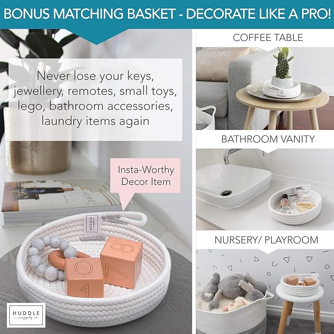 XXXL WASHABLE Large Blanket Basket 85L 2PCs Handmade Decorative Woven Baskets for Storage - Soft Durable XXX Large Cotton Rope Blanket Storage for Living Room, Toys, Organizer 22" x 14" (Grey/White)