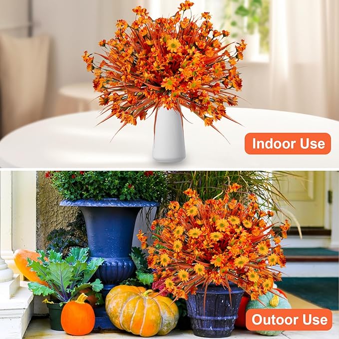 Fake Mums Fall Flowers Artificial for Decoration, 12 Bundles Faux Plants Silk Orange Flowers Realistic UV Resistant for Outdoors Planter Porch Garden Balcony Patio Window Box