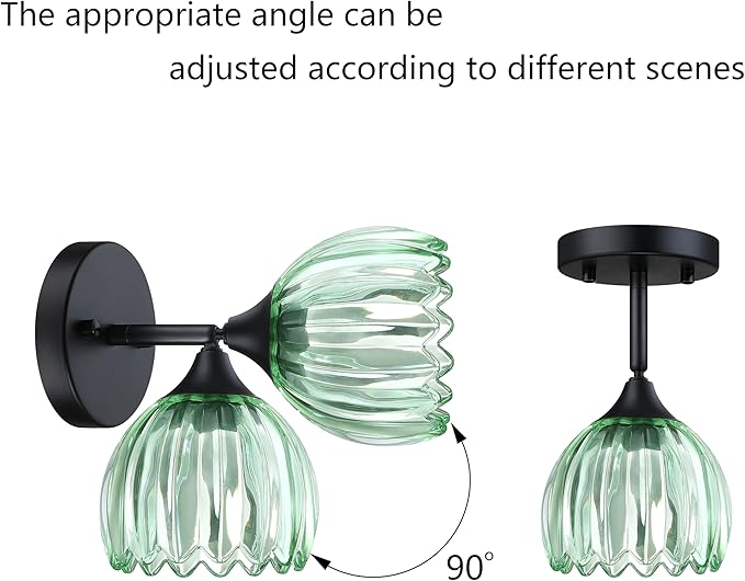 2 Pack 1 Light Vintage Wall Sconces Tulip Green Glass Lampshade Hradwired Modern Black Wall Lighting Fixture for Bedside Bedroom Doorway