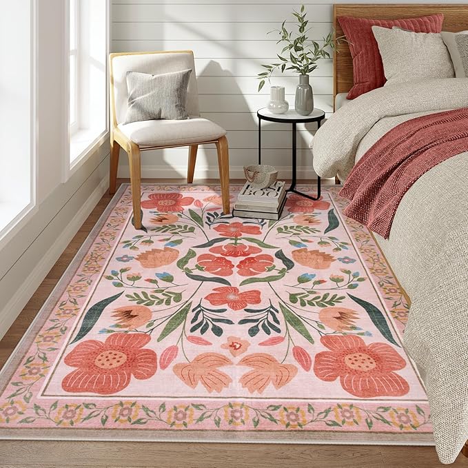 Beeiva Beige Area Rug 5x7, Soft Floral Room Rugs for Bedroom Non Slip, Ultra-Thin Low Pile Floor Flower Carpet for Classroom Nursery Girl Room Décor (Beige,5'x7')