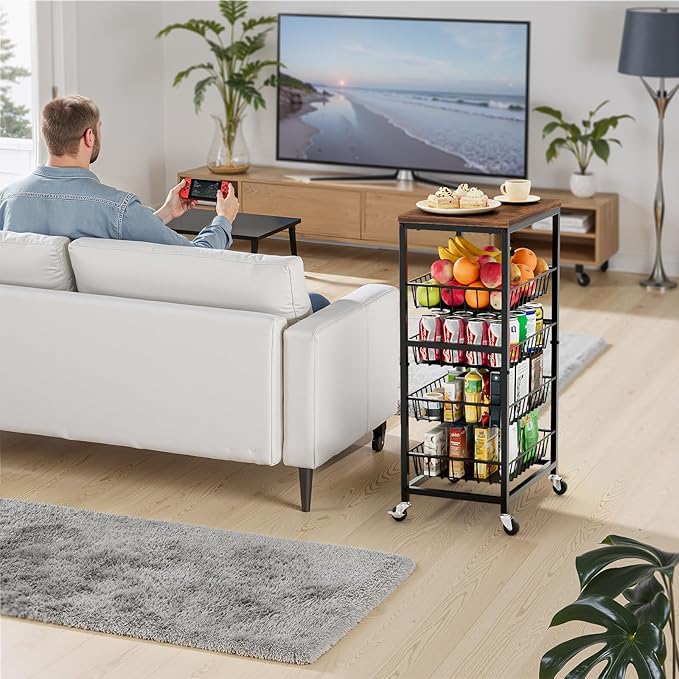 Fruit Vegetable Cart, 5-Tier Snack & Kitchen Cart on Wheels with Storage, Pull-Out Baskets & Wood Top, Rolling Organizer for Pantry, Living Room (Brown)