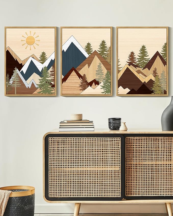 KUVIOKE Morden Mountains Pine Tree Forest Framed Wall Art Sunrise Boho Nature Landscape Artwork Bohemain Farmhouse Bedroom Living Room Decor 12x16in (Natural Framed)