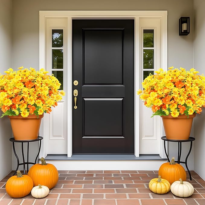 Uieke Artificial Fake Flowers, 6 Bundles Daisy Mums Flowers Outdoor UV Resistant No Fade Greenery Shrubs Plants Indoor Outside Hanging Planter Home Wedding DIY Garden Porch Décor (Orange Yellow)