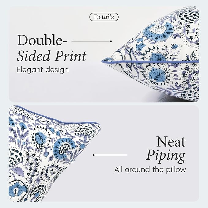 CPC 100% Cotton Throw Pillow Covers 24x24 Inch, Set of 2 Blue Block Print Pattern Couch Pillow, Cute Boho Decorative Pillows for Living Room, Bedroom with Hidden Zipper- Indigo Blue
