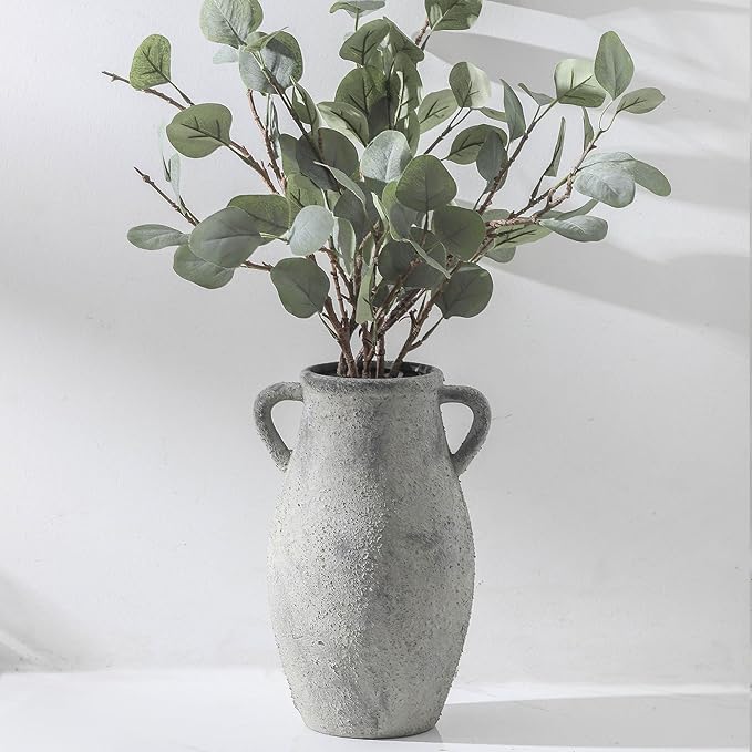 Large Ceramic Rustic Vase,11.3 inch Tall Farmhouse Flower Vase with 2 Handles for Home Decor, Living Room Entryway Table Centerpiece Decor