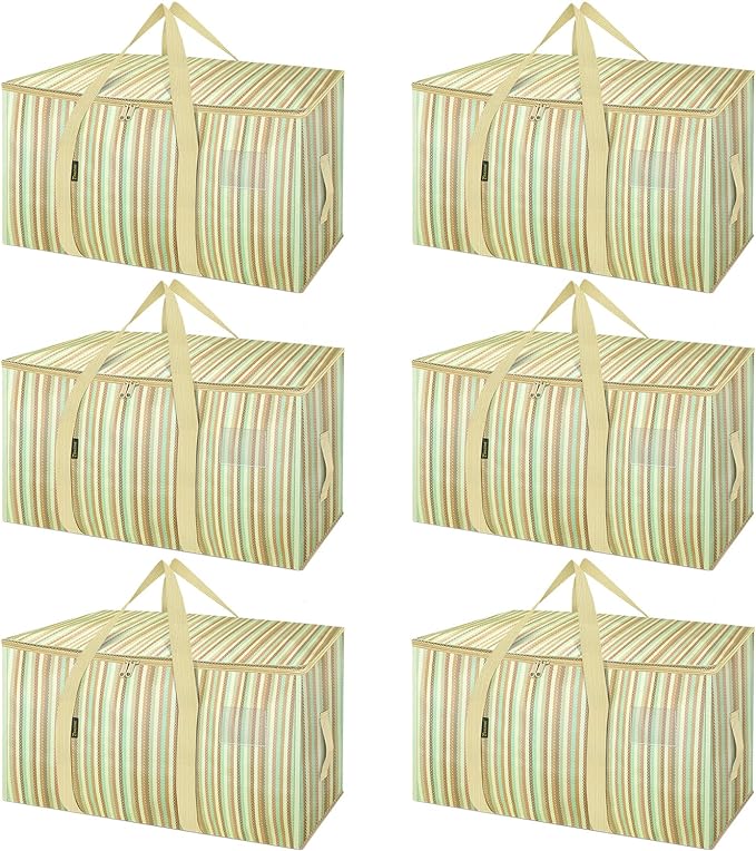BALEINE 6-Pack Oversized Moving Bags with Reinforced Handles, Heavy-Duty Storage Tote for Clothes, Moving Supplies (Color Strip, 6-Pack)