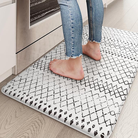 KIMODE Anti Fatigue Kitchen Mats for Floor,17.3" x 29" Black and White Cushioned Kitchen Rugs,Non-Slip Waterproof Wipe Clean Kitchen Sink Standing Mat for Corner Sink,Kitchen Floor