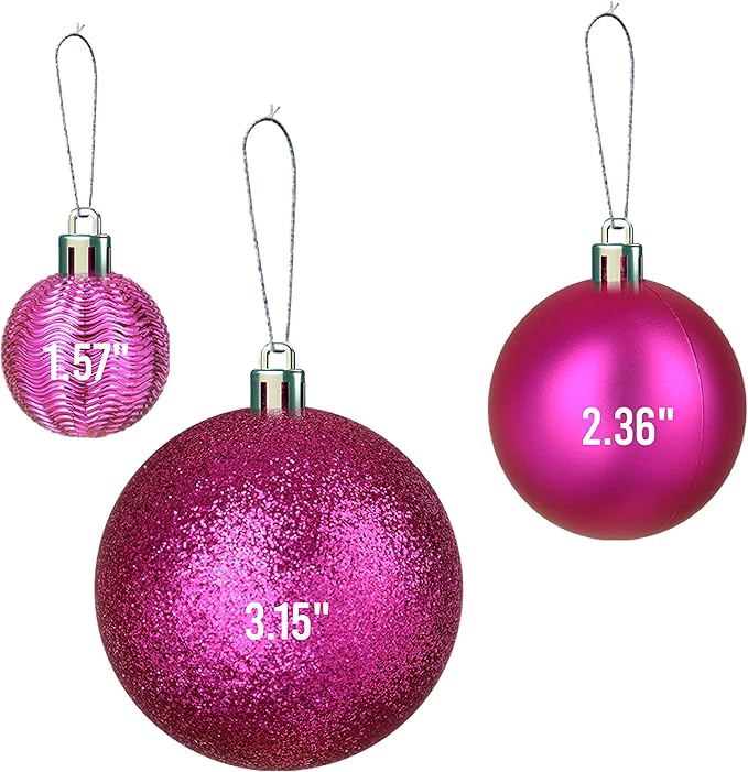PREXTEX Pink Christmas Ornaments - 36-Piece Shatterproof Pink Christmas Tree Balls Set with Hanging Loops for Xmas Decorations - Durable Fuschia Holiday Balls in Matte, Shiny, Glitter and Disco