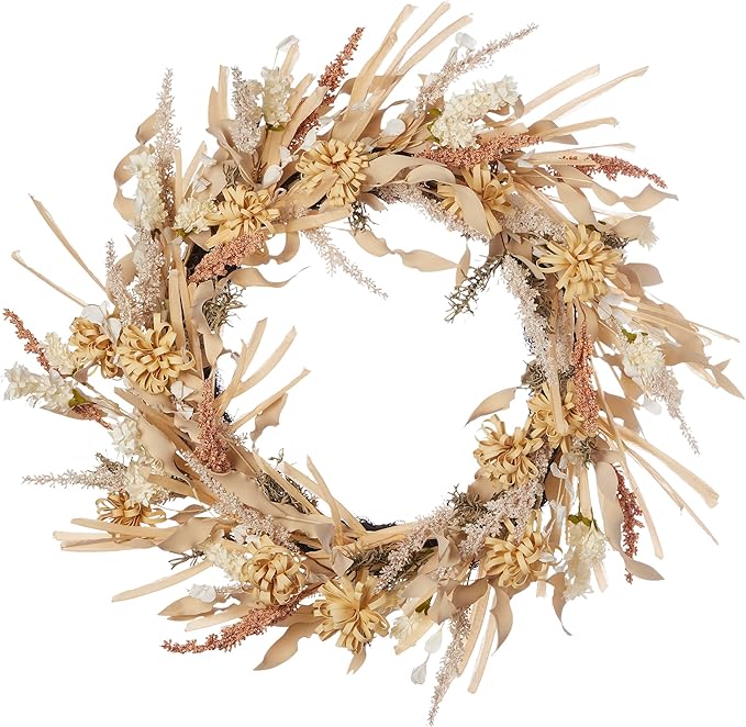 26 inch Golden Wild Flower Wreath, Artificial Flax Grass, Mini Mums, Wild Delphinium, & Millet, Neutral Color, Indoor Fall Home Decor, Front Door Display - by Seasonal LLC
