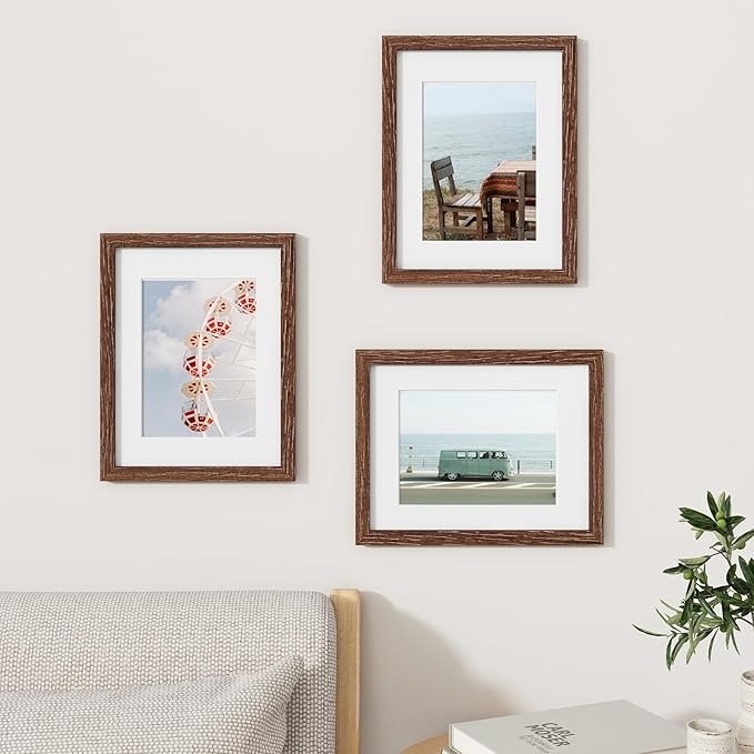 Fun Memories Solid Oak Wood Frame 8.5x11 Photo Frames With Real Glass, Display Poster 6x8 With Mat or Without Mat, Wall Display, Walnut Color, 3 Pack