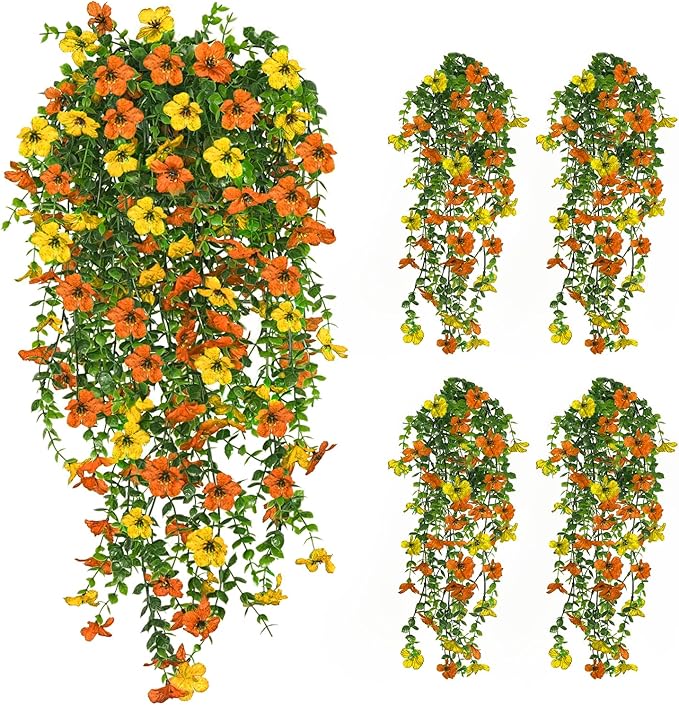 4 Pcs Fall Artificial Hanging Flowers for Outdoors,Fake Hanging Plants,Artificial Mums for Outdoors,Fall Decorations for Home,Outdoor Fall Decor(Orange&Yellow)