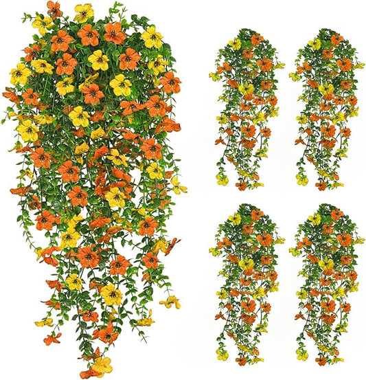 4 Pcs Fall Artificial Hanging Flowers for Outdoors,Fake Hanging Plants,Artificial Mums for Outdoors,Fall Decorations for Home,Outdoor Fall Decor(Orange&Yellow)