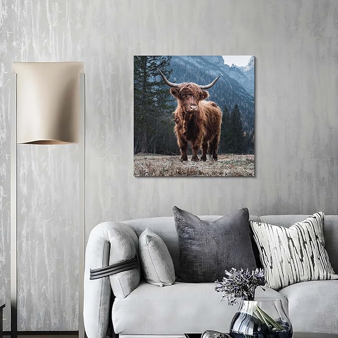 Scottish Highland Cow Canvas Picture - Rustic Farmhouse Wall Art Wild Nature Cattle Portrait Artwork for Living Room Bedroom Office