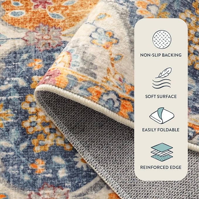 Lahome Moroccan Washable Runner Rug 2x10, Kitchen Runners for Hallways Rubber Backing Ultra-Thin Vintage Hallway Rug Non-Slip Stair Carpet for Entryway Bedroom Laundry Room, Cream/Multi