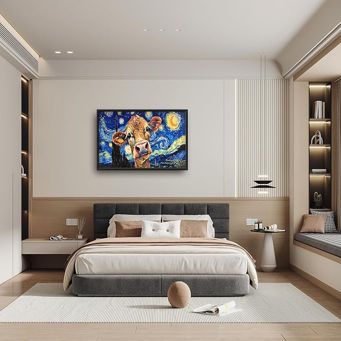 Flintis Large Cow Wall Art Starry Sky Night Cow Pictures Wall Decor Abstract Animal Canvas Painting Print Artworks Decorations Framed for Living Room Bathroom Master Bedroom Office 36L x 24W