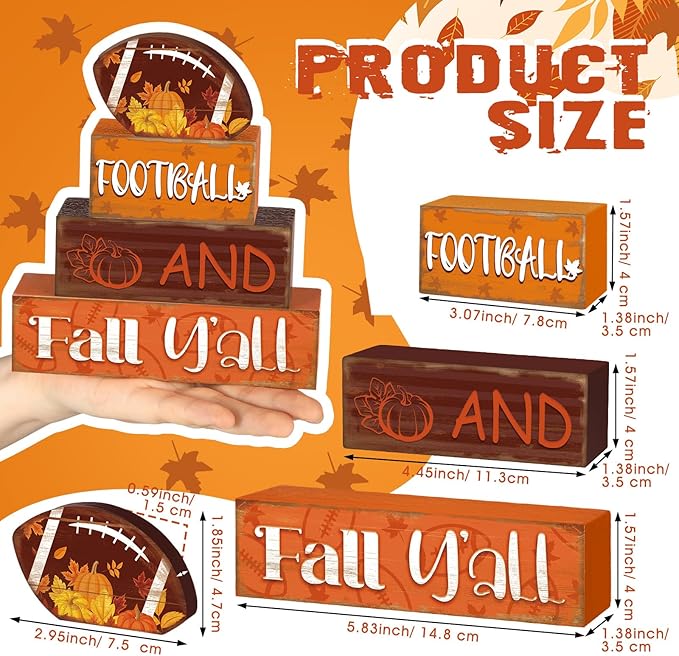 4 Pcs Fall Thanksgiving Decor for Home Football Wooden Signs with Sayings Fall Thanksgiving Tiered Tray Decor Pumpkin Football Tabletop Centerpiece Maple Leaf Block Signs for Office Kitchen Shelf