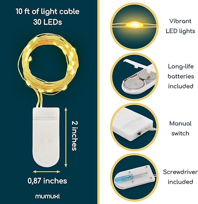 MUMUXI Battery Operated LED Fairy Lights, 16 Pack, 10ft Warm White, Waterproof, Energy Efficient, Indoor Outdoor Usage