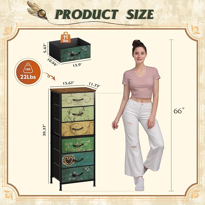 WLIVE Tall Dresser for Bedroom, 6 Drawer Dressers & Chests of Drawers, Fabric Dresser for Closet, Living Room, Night Stand with Metal Frame, Storage Tower with Fabric Bins, Wood Top, Floral Painted