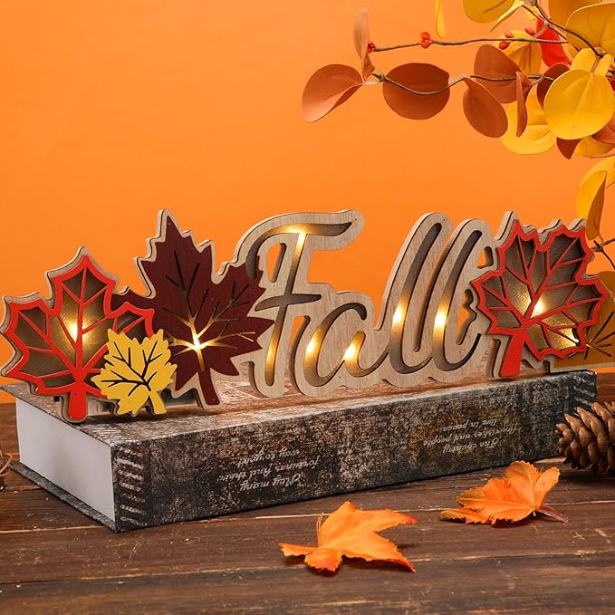 Geetery Fall Decor Thanksgiving LED Wooden Sign Rustic Tabletop Centerpiece Maple Leaves Decorations Fall Kitchen Decor for Home Thanksgiving Autumn Harvest Party