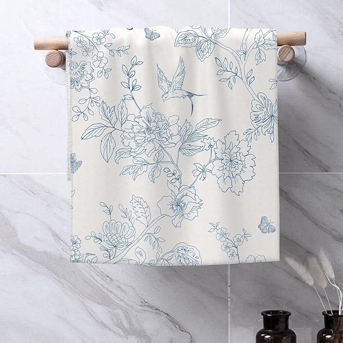 Spring Kitchen Towels 16x24 Inch Navy Blue Chinoiserie Flowers Bird Decor Dish Towels Floral Summer Seasonal Decoration Hand Towels Absorbent Dish Cloths for Home Kitchen Dining Set of 2