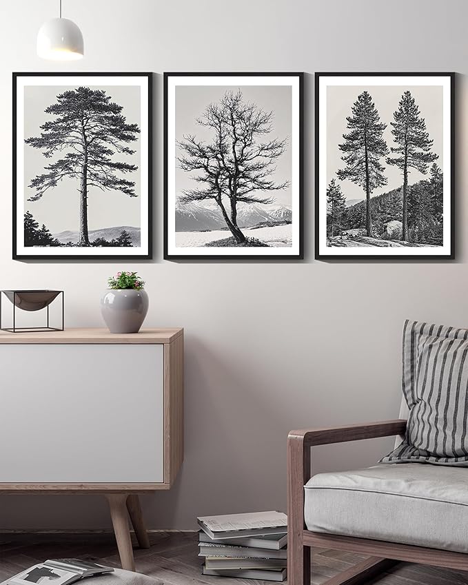 KUVIOKE Vintage Black Gray Forest Wall Art Framed Antique Retro Tree Prints Modern Rustic Artwork Bedroom Living Room Ready to Hang 12x16in (Black Framed)