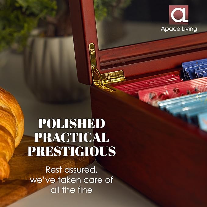 Tea Box - Luxury Wooden Tea Bag Organizer from The Apace Premier Collection - 8 Compartment Tea Storage Chest Container - Elegantly Handmade w/Scratch Resistant Window