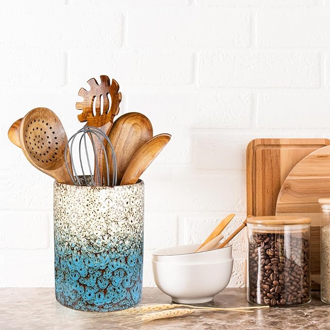 Utensil Holder, Ceramic Kitchen Utensil Holder for Countertop, Large Cooking Utensil Crocks for Kitchen Counter, Morden Utensil Organizer for Spatula, kitchen Decor,White & Blue