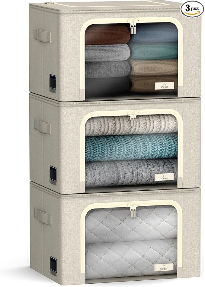 Sorbus Storage Bins with Metal Frame - Stackable & Foldable Clothes Organizer Bags - Oxford Fabric Storage Containers with Large Clear Window & Carry Handles Organization for Bedding Linen & Clothing