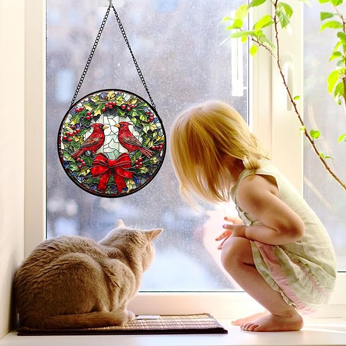 Stained Glass Window Hanging - Cardinals Green Wreath Suncatcher for Doors Home Christmas Decoration Red Bird Sun Catcher Thanksgiving New Year Birthday Gift for Women Men Mom Nana 7.8 in