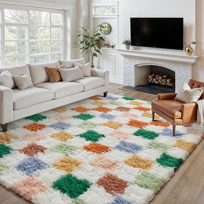 Checkered Rug 8x10 for Living Room, Modern Neutral Shag Rug Washable Non-Slip Large Area Rug Super Soft Indoor Fuzzy Carpet Fluffy Rugs for Bedroom Home Aesthetic Decor