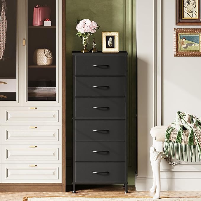 WLIVE Black Tall Dresser for Bedroom, 6 Drawer Dressers & Chests of Drawers, Fabric Dresser for Closet, Living Room, Night Stand with Metal Frame, Storage Tower with Fabric Bins, Wood Top