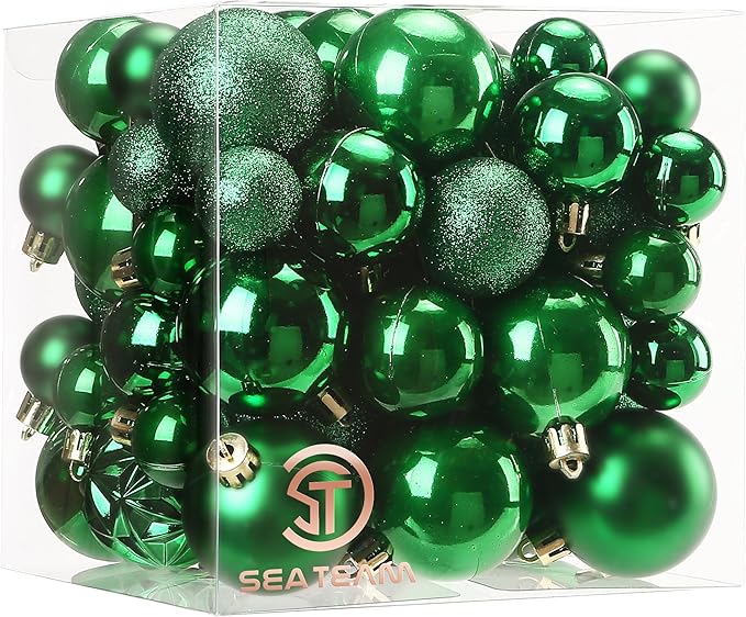 Sea Team 70-Pack Shatterproof Plastic Christmas Ball Ornaments Set, Multi-Size Christmas Baubles, Hanging Decorations for Xmas Tree, Wreath, Garland, (1.18-1.97 Inches, Green)