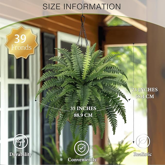 35" Fake Ferns, 4 Large Artificial Bonston Ferns Bushes Plants with 39 Fronds for Outdoors Garden Patio Porch Entrance Low Maintain Home Decor