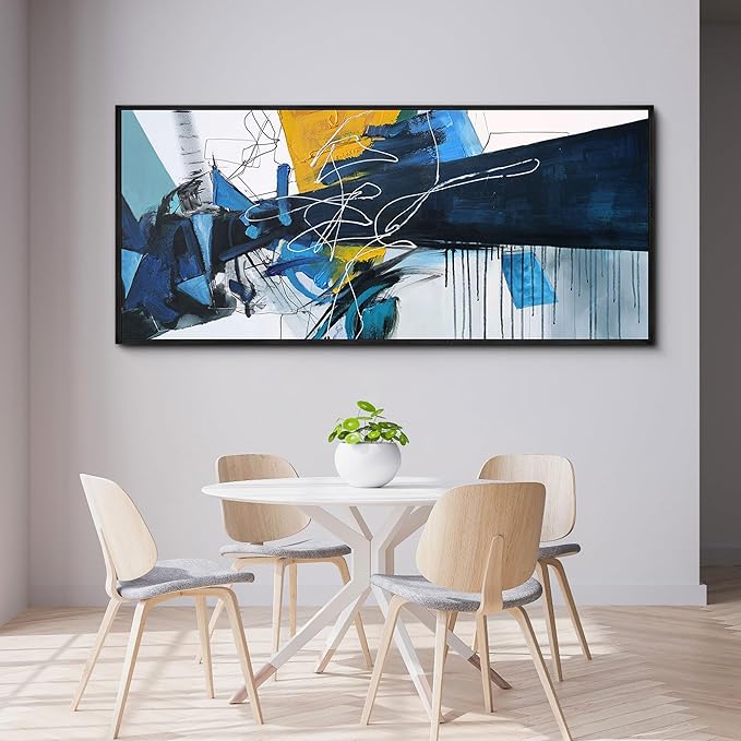 KLAKLA Extra Large Wall Art for Living Room - Blue and white Canvas Framed Wall Decor Living Room Abstract Picture Artwork for Office Bedroom Decorative Paintings