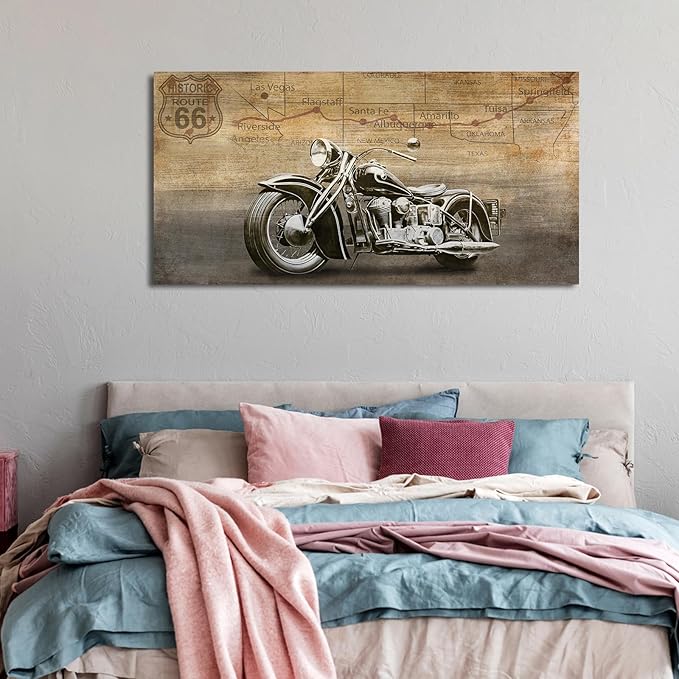 arteWOODS Vintage Motorcycle Canvas Wall Art - Historic Route 66 Retro Vehicle Pictures for Men Boys Bedroom Wall Decor Modern Motorcross Canvas Print Artwork Home Office Wall Decoration 24" x 48"
