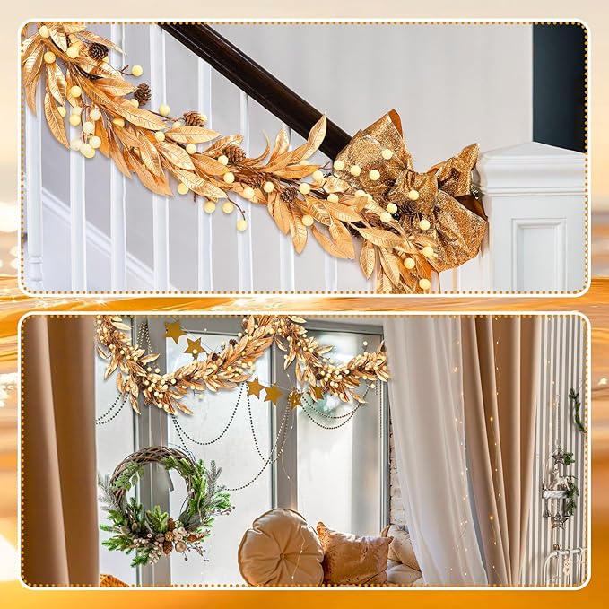 Dingion 6 ft Gold Christmas Leaf Garland with Berry and Pine Cone for Christmas Tree Mantle Gold Bay Leaf Garland Artificial Bayleaf Berry Garland Christmas Gold Leaves Garland for Xmas Holiday Decor