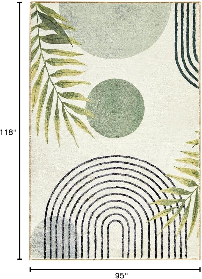 RoomTalks Mid Century Modern Washable Rug Stain Resistant, Boho Cute Aesthetic 8x10 Area Rugs for Bedroom Dining Living Room Office, Green Abstract Tropical Leaves Indoor Rug Plant Botanical Carpet
