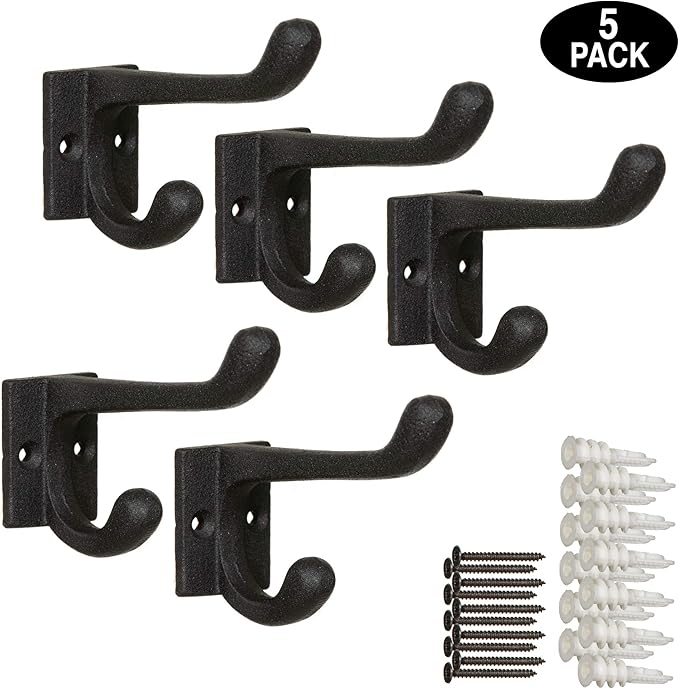 Claimed Corner Cast Iron Coat Hooks - Wall Mounted Rustic Farmhouse Matte Black Cast Iron DIY Coat Towel Hat Scarf Bags Hook 5-Pack