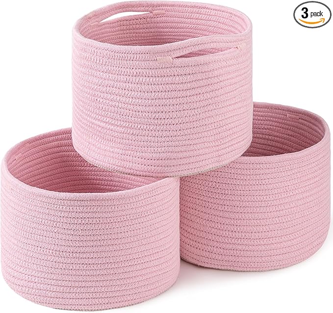 OIAHOMY Small Storage Baskets for Organizing,Closet Cube Shelf Storage, 9.8”×9.8”×7.1”, Woven Cotton Rope Gift Baskets for Nursery,Cute Dog Toy bins, Round 3 Packs, Pink