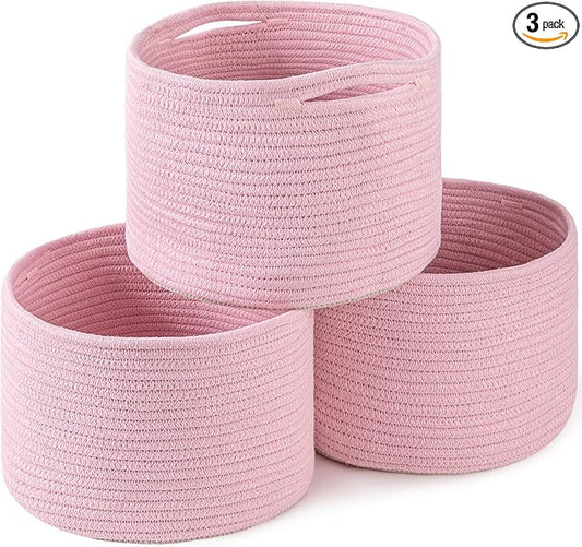 OIAHOMY Small Storage Baskets for Organizing,Closet Cube Shelf Storage, 9.8”×9.8”×7.1”, Woven Cotton Rope Gift Baskets for Nursery,Cute Dog Toy bins, Round 3 Packs, Pink