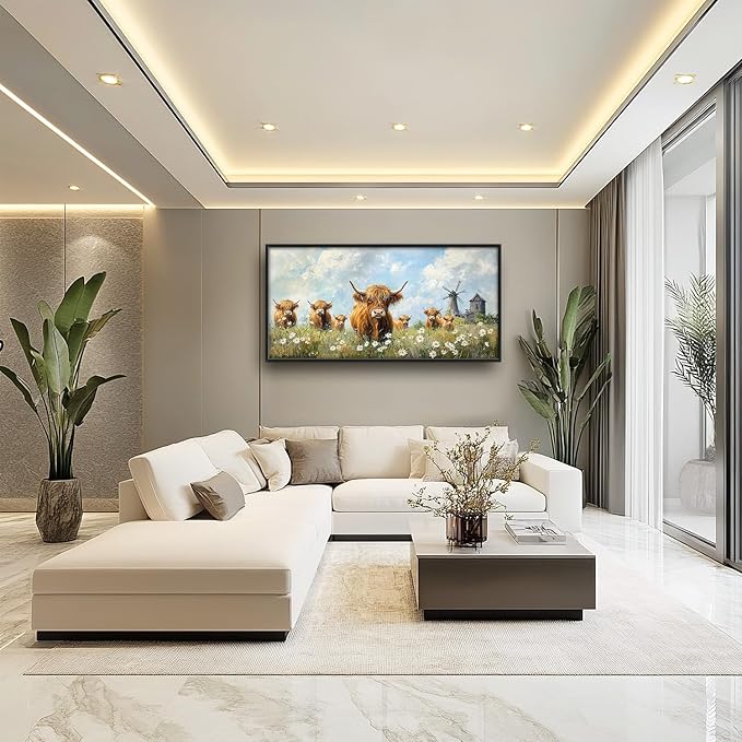 Flintis Large Highland Cow Barn Framed Wall Art Farmhouse Highland Cattle Daisy Pictures Wall Decor Abstract Canvas Painting Print Artworks Framed for Living Room Bathroom Master Bedroom 60L X 30W