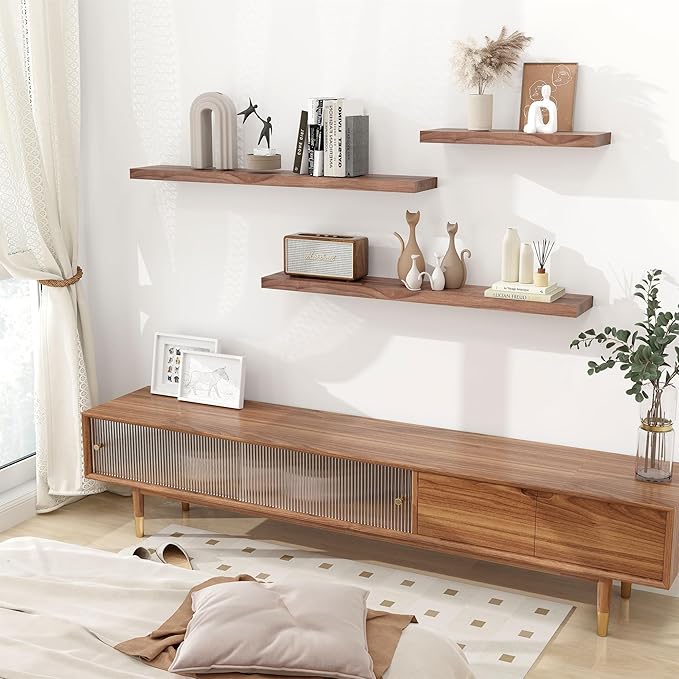 Axeman Walnut Floating Shelves - 24 Inch Wide x 8 Inch Deep USA-Sourced Walnut Wood Shelves Set of 2 - Natural Wooden Shelves with Heavy-Duty Bracket, Wall Mounted for Room Wall Decor