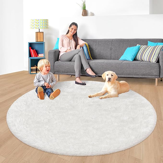6x6 ft Tie Dye White Round Rug for Bedroom Room Fluffy Circle Rug Furry Carpet Shaggy Circular Fuzzy Washable Non-Slip Large Area Rug Soft Indoor for Living Room Cute Aesthetic Home Decor