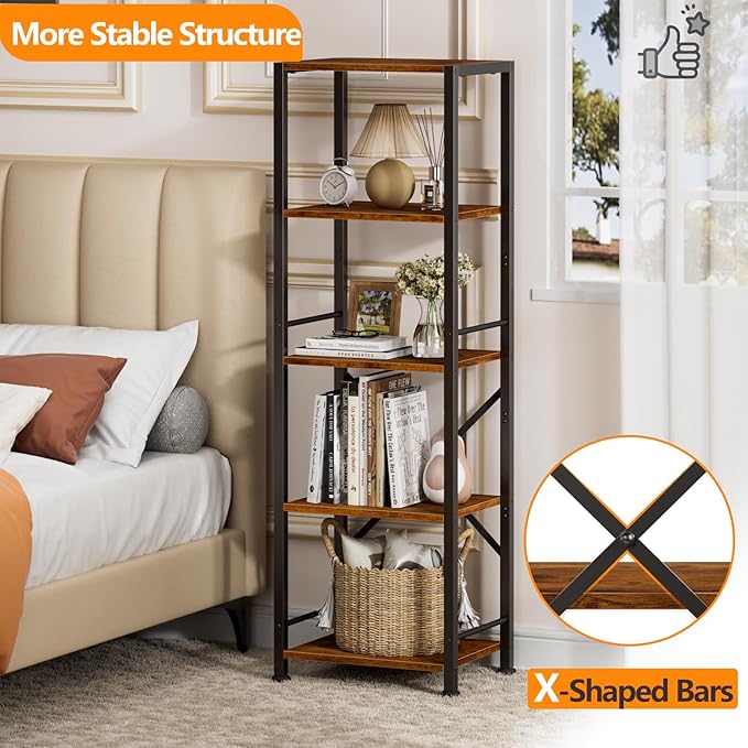 Furologee 5 Tier Tall Bookshelf, Rustic Narrow Bookcase, Display Standing Shelf Units, Metal and Wood Storage Shelves Organizer for Bedroom, Living Room, Home Office, Entryway, Kitchen, Rustic Brown