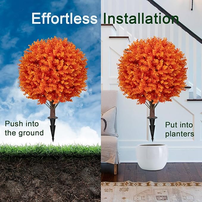 Artificial Orange Boxwood Topiary Ball Bush for Outdoor with Spike, Set of 2 UV Resistant Fall Faux Plant Boxwood Ball Tree with Stake Weatherproof Fake Round Topiary Shrub for Front Porch