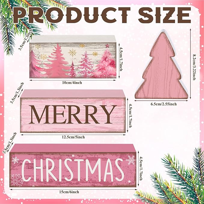 4 Pcs Christmas Table Decoration Wooden Pink Christmas Tree Centerpieces Decor Winter Tiered Tray Decor Rustic Decorative Tree Block Signs Gift Farmhouse Xmas Decoration for Home Kitchen