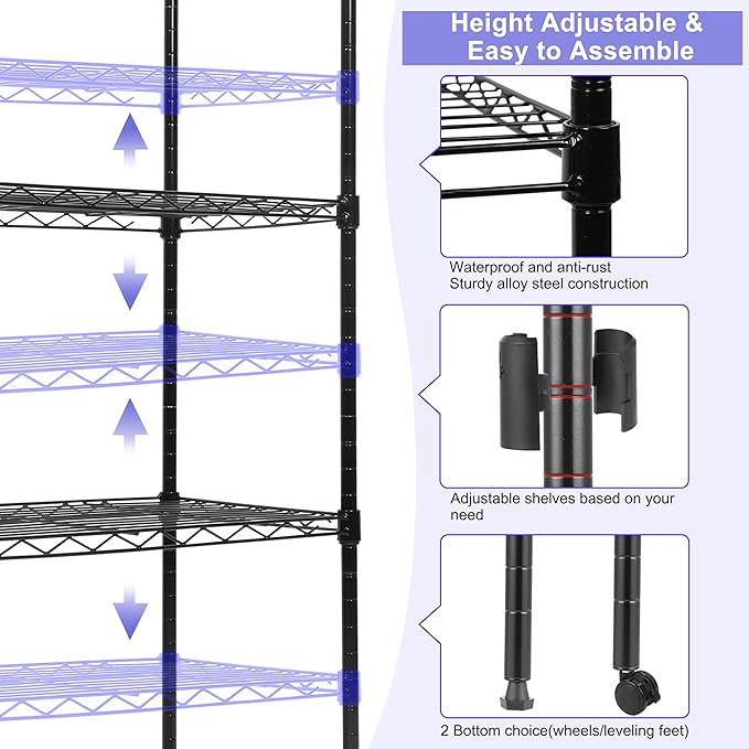 Whitmor 4 Tier Storage Shelving, Heavy Duty with Wheels, Adjustable Steel Organizer Wire Rack, 400 lbs Capacity per Shelf, Max 1600 lbs Total for Garage, Kitchen, Plant, 36" L x 14" W x 54" H, Black